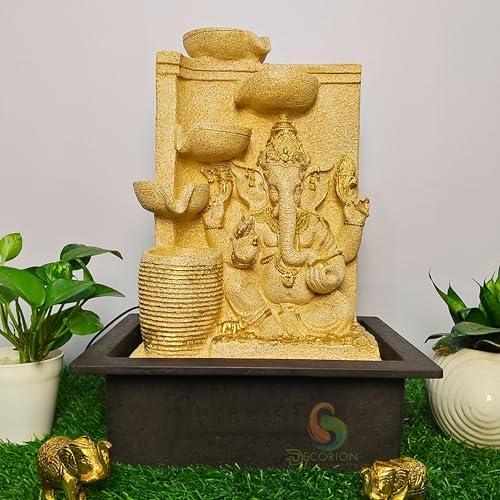 Image of Decorative Ganesha Table Top Water Fountain for Home Decor /Office /Indoor & Outdoor /Garden /Puja Room /Vaastu with Multicolor LED Light and Adjustable Water Pump (Yellow D-11)