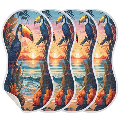 J JOYSAY Bird Hibiscus Sunset Orange Baby Burp Cloths for Boys Girls Large 22''x11'' Cotton 4 Layer Burp Cloths for Infant Babies one sizex4