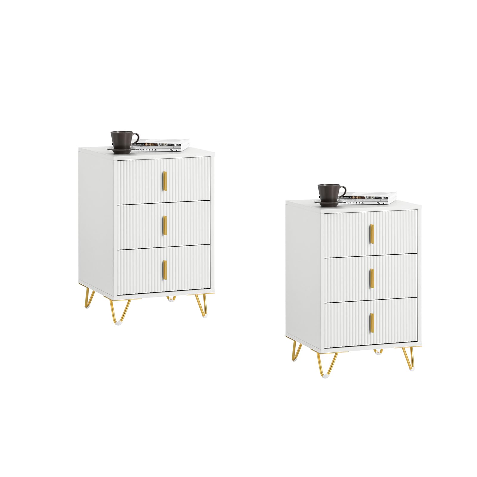 SoBuy Set de 2 Mesitas de Noche Mesa Auxiliar Mobiliario de Salón Moderno con 3 Cajones Blanco 40 x 40 x 63 cm FBT115-L-Wx2 ES