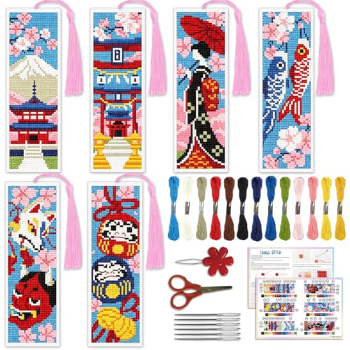 Image of ACRNIGHEET 6PCS Cross Stitch Bookmark Kit for Beginner Stamped Cross Stitch Kits for Adults Japanese DIY Tassel Embroidery Bookmark Kits Needlepoint Kit with Instructions Craft Gift 8.5''x3'' 11CT