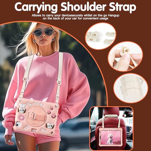 Image of ProElite Cover for iPad Air 11 M4 /M3 /M2 2026 /2025 /2024 / Pro 11 4th /3rd Gen /Air 5 /4 Gen 10.9 inch Case, Tough Bubble Kids Case with Pencil Holder with Rotating Kickstand & Shoulder Strap, Pink