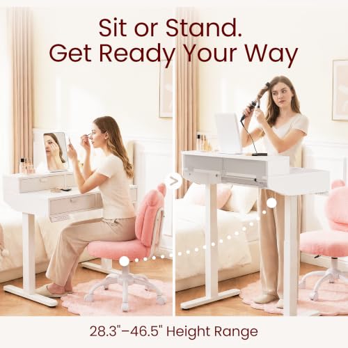 Image of HUANUO 39-Inch 4 Drawers Electric Standing Vanity Desk | 4 Memory Heights; 28.3-46.5 in Range; Quiet Lift under 50 dB; Multi-Drawer Storage; Sit-Stand Makeup, Work & Study Desk