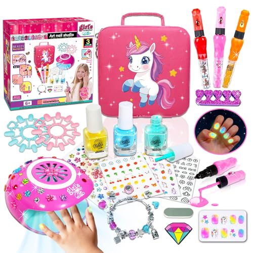 Pintauñas Niñas, Set Manicura Para Niña, Kit de Arte de uñas para Niños, Juegos de Salón Manicura Fluorescente para Niños con Maletin Maquillaje Infantil, Regalo Niña 6 7 8 9 10 11 12 Años Cumpleaños