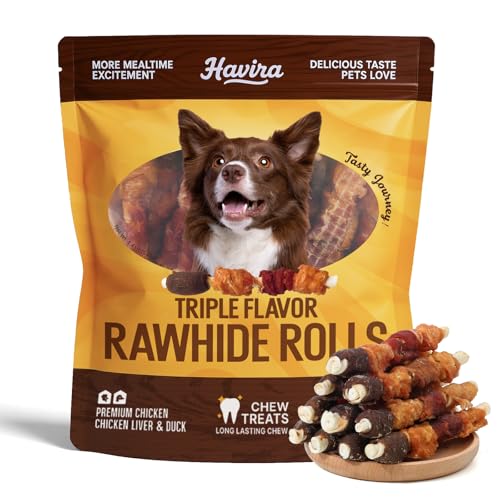 Havira 1.4LBs 30 Count Chew Stick, Triple Flavor Dog Treats for Small Medium Dogs, 5 Inch Chicken Liver and Duck Chicken Wrapped Rawhide Sticks for Teeth Cleaning