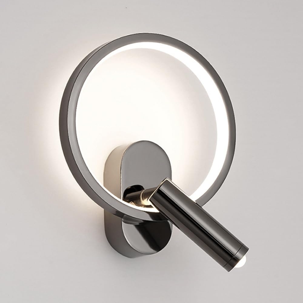 SXWNBIFH Ring Wall Light Adjustable Bedside Reading Wall Lamp 4000K LED Wall Sconce 350° Rotatable Headboard Spotlight Aluminum Wall Sconce Task Lighting for Desk/Bedsid(Black,Medium)