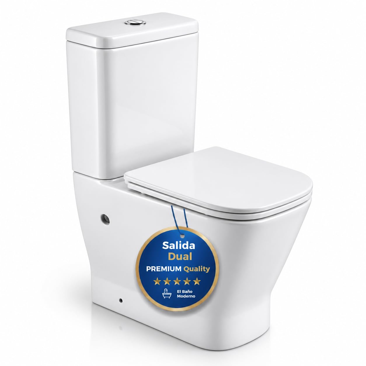 Inodoro Completo Rimless con Cisterna y Tapa UF. WC Suelo | Salida Dual Horizontal y Vertical. Váter de Porcelana Blanca con Doble Descarga 3/6L, Cierre Suave y Tapa Desmontable