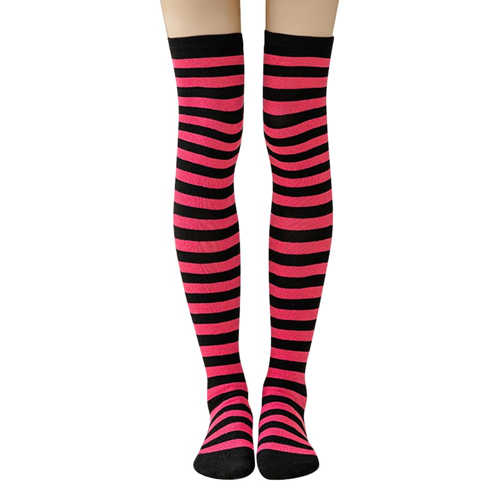 Hugede Women's Black Hot Pink Striped Tight High Socks Over The Knee Stockings Decorative Extra Long Socks Casual Socks Leg Warmers Christmas Stockings For Girls