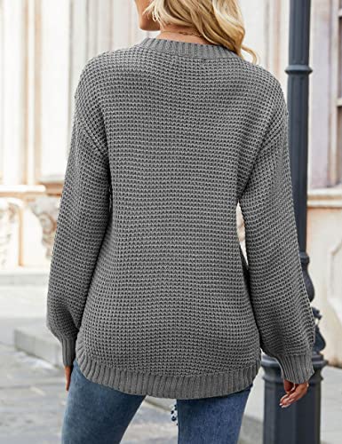Image of MEROKEETY Women's Fall Long Sleeve Waffle Knit Oversized Sweater | Fall Fashion, Crew Neck, Tunic, Dressy Casual, Trendy, Cute, Pullover Tops, Long Lantern Sleeves, Loose Fit, Drop Shoulder
