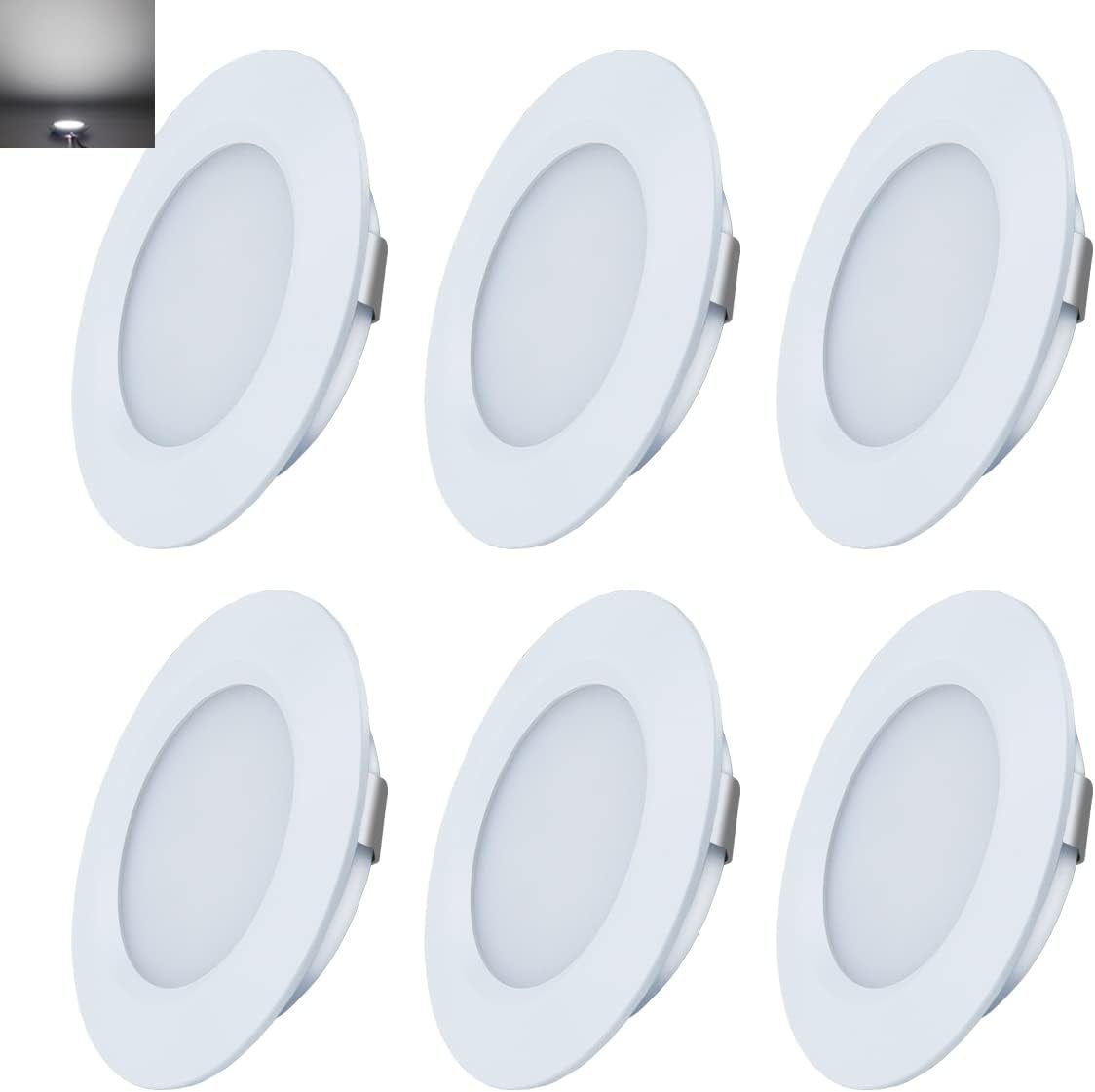RV Under Cabinet Light Fixtures 6400k 12v Recessed Lights 3w for Motor Home Travel Trailers Camper 12 Volt Ceiling LED Lights 300lm White Set of 6