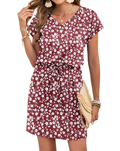 Image of AUSELILY Womens Summer Mini Dress, Short Sleeve V Neck Drawstring Casual | Soft smooth drape with an adjustable drawstring waist for beach, casual outings and daily wear