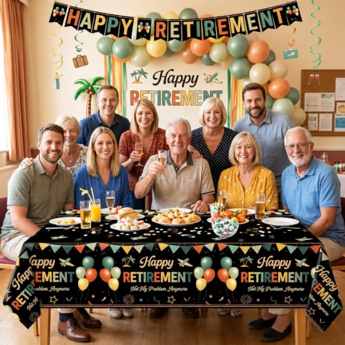 Image of Qyeahkj 3 Pcs Retirement Party Tablecloth Decorations Disposable Plastic Happy Retired Table Covers Black Vintage Tablecloths Retirement Birthday Supplies for Going Away Farewell Party Decoration