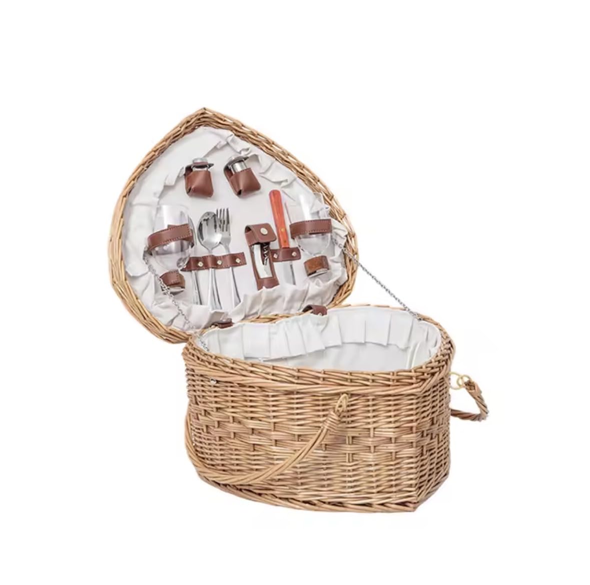Cesta de picnic de mimbre, transportador tejido de ratán en forma de corazón con asa, almacenamiento portátil de alimentos para camping, viajes y comedor al aire libre, 45 x 39 x 25 cm