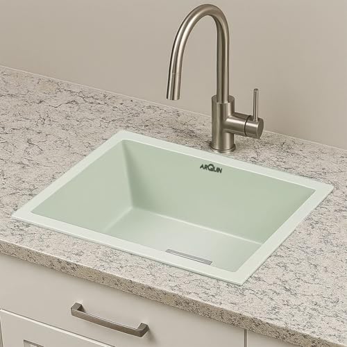 Image of ARQUIN Quartz Sink 24x18x9 Inch Sand Choco | Single Bowl Sink | Durable & Scratch-Resistant | Undermount /Topmount Including Coupling, Waste Pipe & Fruit Washing Basket