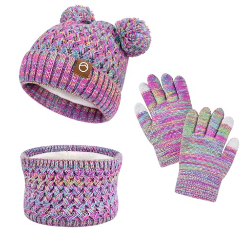 Image of Kids Winter Hat Gloves Scarf Set,Toddler Girls Winter Hat Kids Beanie with Pom Neck Warmer Gaiter Mittens Fleece Lined Set