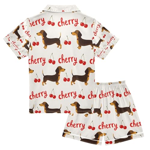 senya Cute Dachshund Cherry Satin Summer Pajama Sets Silk Short Sleeve Button Down Sleepwear2