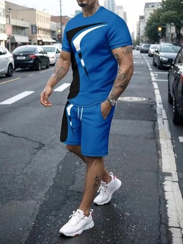 Xingfenly Summer Street Men' Suit Loose Comfortable Short Sleeves Outdoor Trend Sports Shorts Novelty Striped Print3