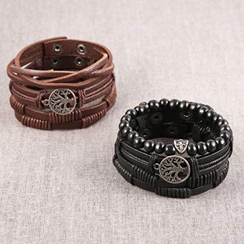 Hzman Genuine Leather Tree Of Life Bracelets Men Women, Tiger Eye Natural Stone Lava Rock Beads Ethnic Tribal Elastic Bracelets Wristbands (6 Pcs) #TOP2