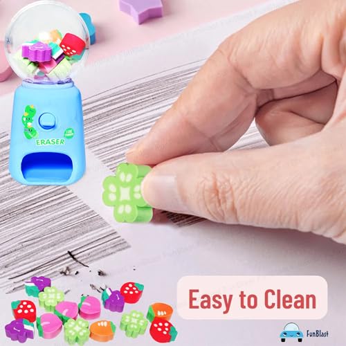 Image of FunBlast Machine Eraser Set - 15 Pcs Fruit Shaped Eraser Dispenser Toy, Mini Kawaii Erasers for Kids, Fancy Erasers for School & Office, Stationery Supplies, Birthday Return Gift for Kids (Blue)