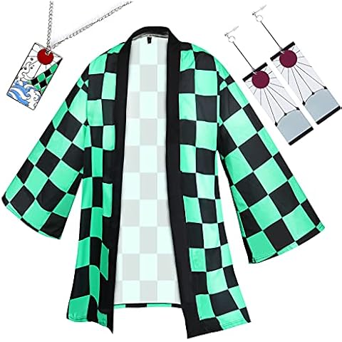 Formemory Demon Slayer Cosplay Clothes Anime Zenitsu Cosplay Costume Kimetsu No Yaiba Cloak with Earrings and Necklace Halloween Tanjiro Shinobu Cosplay Long Robe Outfits (Kamado Tanjirou, XL) Cover