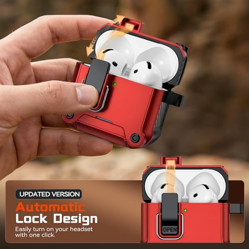 Image of Inesore for AirPods 4 Case with Secure Lock (Red) | Phone Stand Design,Compatible with MagSafe,Automatic Snap Switch Secure Cover with Cleaner Kit & Keychain