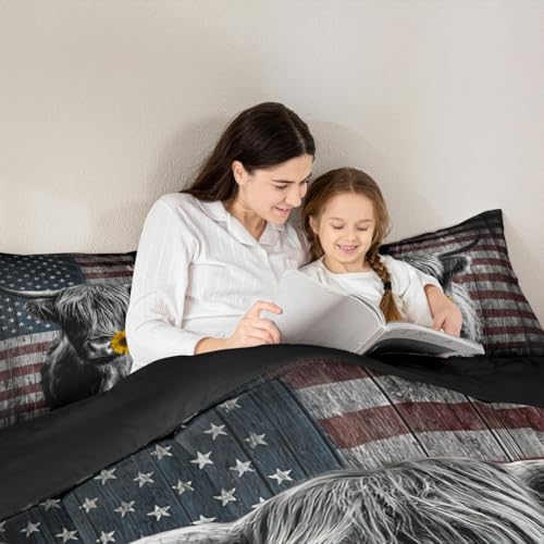 Image of Feelyou Highland Cattle Bedding Set Sunflower Highland Cow Comforter Set for Kids Boys Girls America Flag Bull Comforter Animal Quilt Set 1 Comforter Set with 2 Pillowcases Full Size