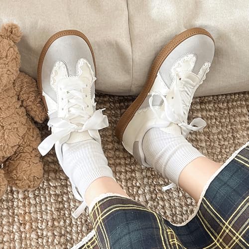 Ballet Sneakers for Woman Leather Trendy Lace Up Round Toe Ballerina Flats with Lace Detail Fancy Elegant Retro Ballet Shoes 2025 Spring Summer Daily Casual Streetwear4