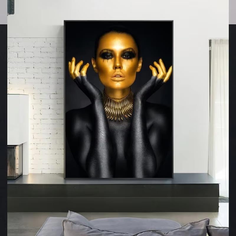 Tableau sur toile femme or noir décoration murale moderne salon affiche 60x80cm