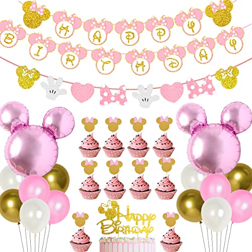 Kreatwow Décorations Fête D'anniversaire Cartoon Mouse Rose Et or Joyeux Anniversaire Bannière Guirlande Gâteau Et Cupcake Toppers Pour Cartoon Mouse Thème 1er 2e 3e Fournitures Fête D'anniversaire