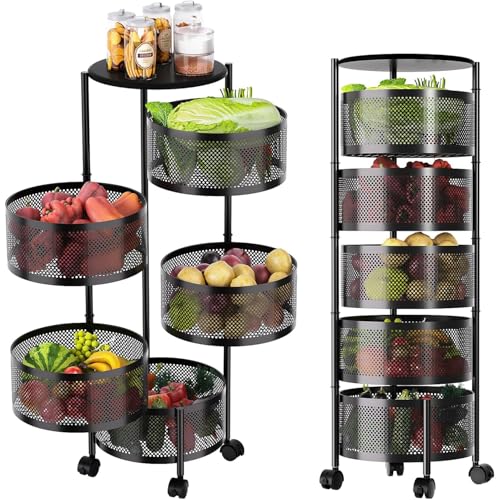 Avilia - Carrello con Ruote Portatutto - Carrello Alto con 5 Cestelli - Carrello Portatutto Nero Struttura Robusta in Metallo - Carrello per Organizzare Cucina, Bagno, Ufficio, 90x32x32 cm