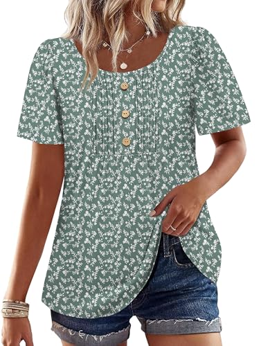 Image of Womens Tops Dressy Casual Blouses Short Sleeve Shirts Plus Size Fashion Clothing Spring Summer Outfits Button Pleated Front