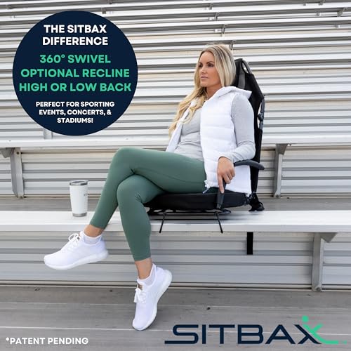 SitBax Padded Bleacher Seat – The Ultimate Reclining Stadium Chair with Full Back & Neck Support and 360° Swivel – Lightweight, Foldable, and Portable with Backpack Straps - Patent Pending - OG Black