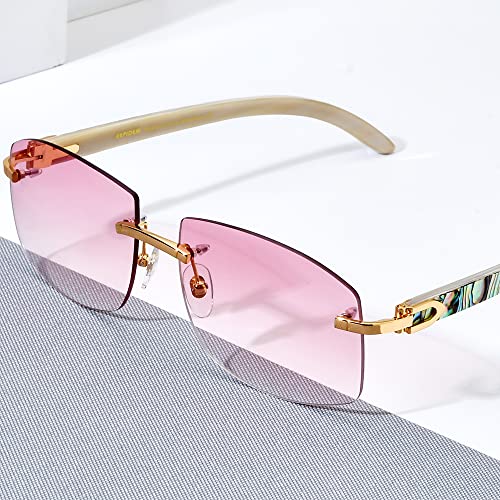 Hepidem 100% Really Buffalo Horn Natural Mussel Shell Rimless Sunglasses 706 (706 White Horn Wave Circle Shell) #TOP3