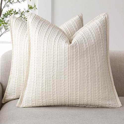 Foindtower Set of 2 Decorative Cotton Waffle Weave Throw Pillow C...