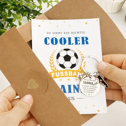 Fussball Trainer Geschenk Schlüsselanhänger Abschiedsgeschenk Coach Fußball Dankeschön Geschenke Fußballtrainer Abschied Edelstahl Schlüsselring mit Dankeskarte Lehrertag Geburtstag Geschenkideen