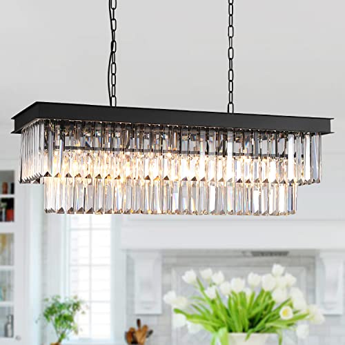 Image of Rectangular Crystal Chandelier Dining Room Black Rectangle Pendant Light