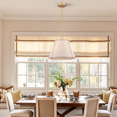 Image of 3-Light Gold Cone 16 inch Pendant Light Fabric Drum Shade with Metal | White and Gold Chandeliers, Sloped Ceiling Compatible for Kitchen Dining Room Living Room Bedroom