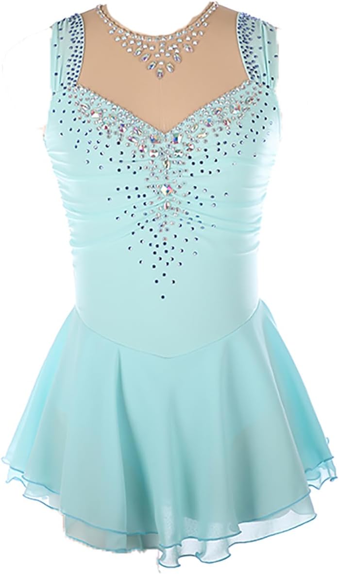 Figure Skating Dress for Girls and Women - Sleeveless Ice Skating Performance Costume With Elastic Skirt