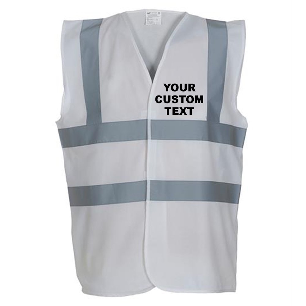 (M) YK001 Personalised Hi-vis 2-band-and-braces waistcoat, CUSTOM TEXT Hi vis vests White FRONT print Medium