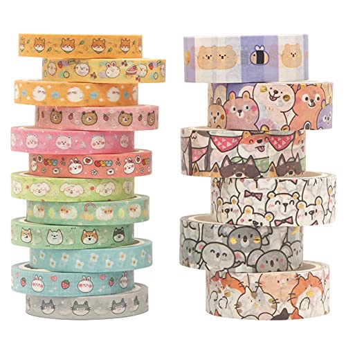 Sodagreen Kawaii Animal Washi Tape - 18 Rolls Cute Thin Washi Tape Set with Cat, Corgi Dog, Bunny, Anime Washi Tape Perfect for Bullet Journal, Kids DIY Crafts, Holiday DecorationÂ 