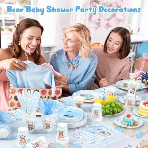 Image of Funnymoom 452 Pcs 50 Guests We Can Bearly Wait Baby Shower Decorations Boy, Blue Baby Boy Shower Paper Plates Napkins Cups Tablecloth Cutlery Straws Tableware Set for Gender Reveal Party Supplies