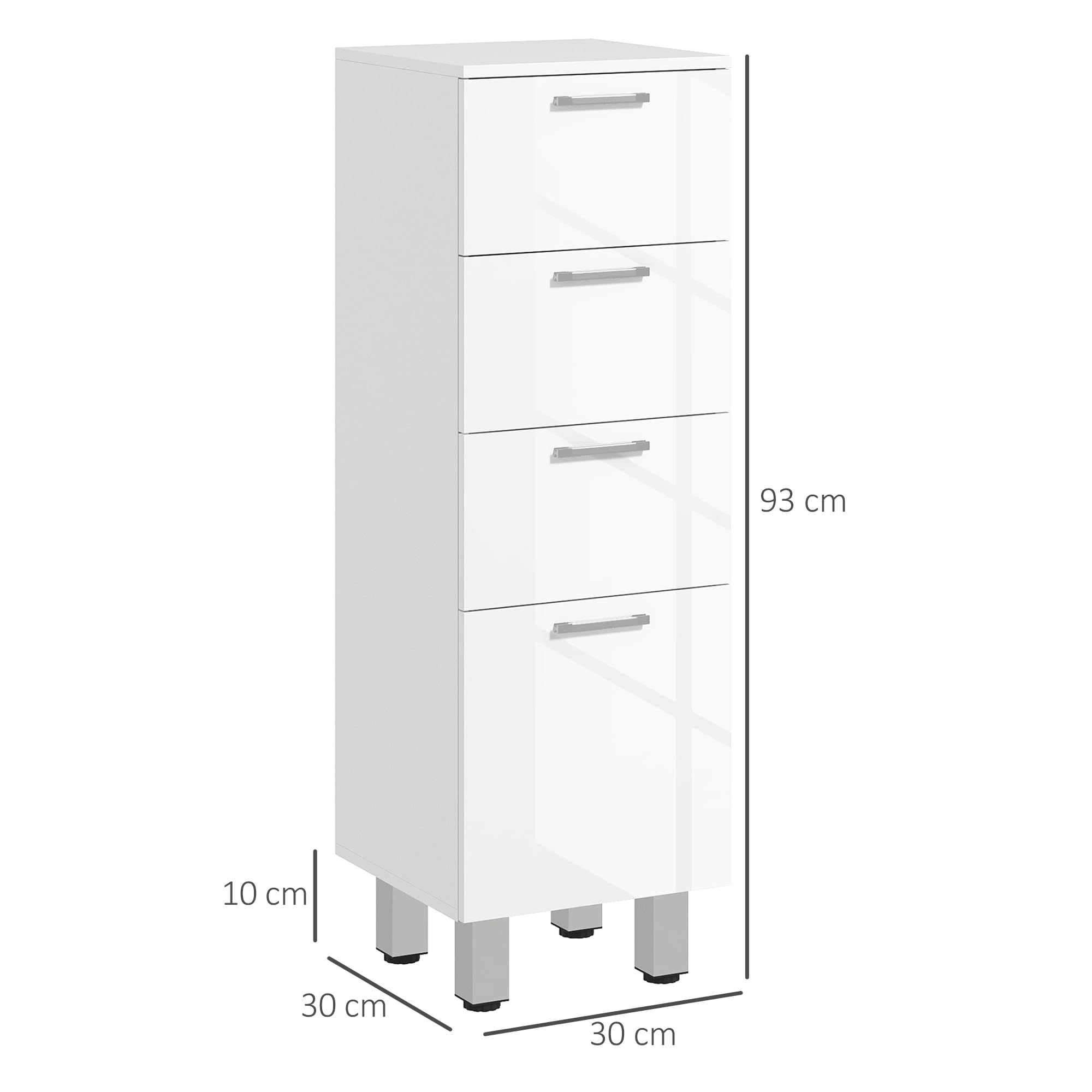 kleankin Mobile Bagno Salvaspazio con 4 Cassetti e Base Rialzata, Mobiletto da Bagno in Legno con Piedini, 30x30x93 cm, Bianco