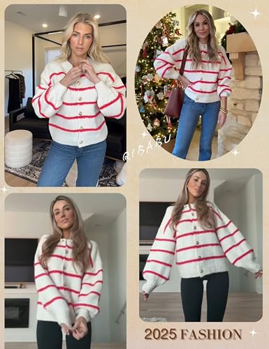 Image of QIBABU Womens Striped Cardigan Sweaters Casual Open Front Long Sleeve Button Down Knit Outwear