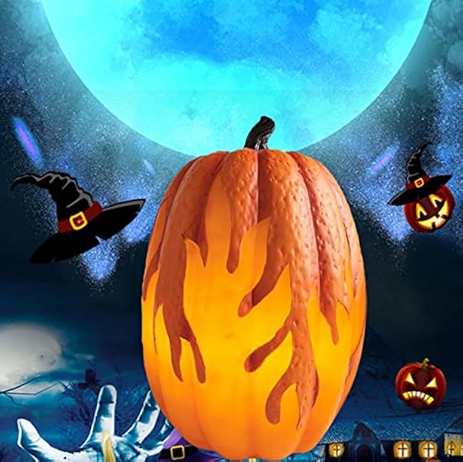 Halloween LED Pumpkin Lights Battery Operated Flame Pumpkin Decoration Outdoor 3D Lighted Pumpkins Jack-O-Lantern Fall Pumpkins Resin Light Up Pumpki Figurine for Garden Decor (1, L-9.84*5.91inch)