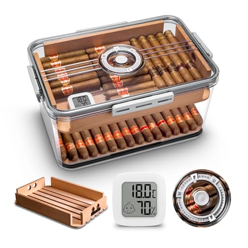 CIGARLOONG Cigar Humidor Large Accommodate 100 Cigars Built-in Cedar Wood Shelf with High Precision Hygrometer Transparent Cigar Storage Box