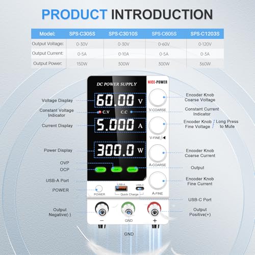Image of NICE-POWER DC Power Supply Variable 60V 5A, Adjustable Regulated DC Bench Power Supply with OCP /OVP /Encoder /Output Switch, Benchtop Lab Power Supplies PSU with USB-A and Type-C Fast Charge (White)