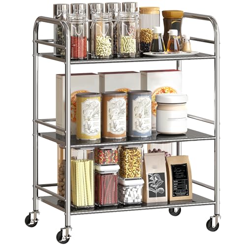 HOMCOM Carrito Auxiliar con Ruedas de Acero Inoxidable, Carro de Servicio de 3 Niveles con Estante Ajustable, 4 Ruedas, Carrito para Cocina, Restaurante, 60x35x77 cm, Plata