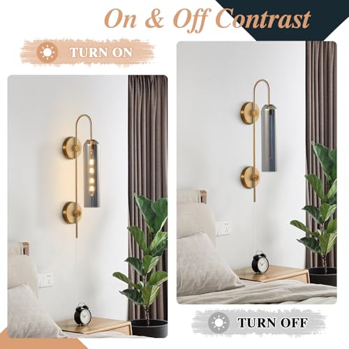 Image of BOKT Mid Century Modern Brass Gold Plug in Wall Light Lamp 1 Light Indoor Smoke Gray Glass Wall Sconce Lighting Single Vintage Wall Mounted Bedroom Lights Plug in Sconces Wall Lighting (Smoke Gray)
