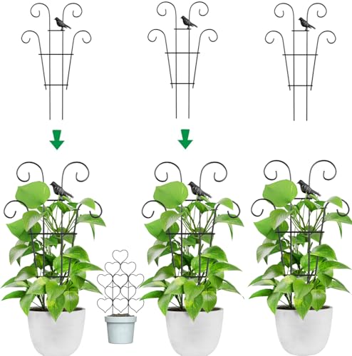 Indoor Plant Trellis for Climbing Plants, Stackable Garden Trellis for Potted Plants, Small House Plant Trellis for Vine Ivy Flower Plant Support Outdoor DIY Metal Trellis 3 Pack, Bird Design