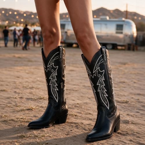 Image of LISYIIZ Women's Cowboy Boots, Knee High Western Pointed Toe Boots