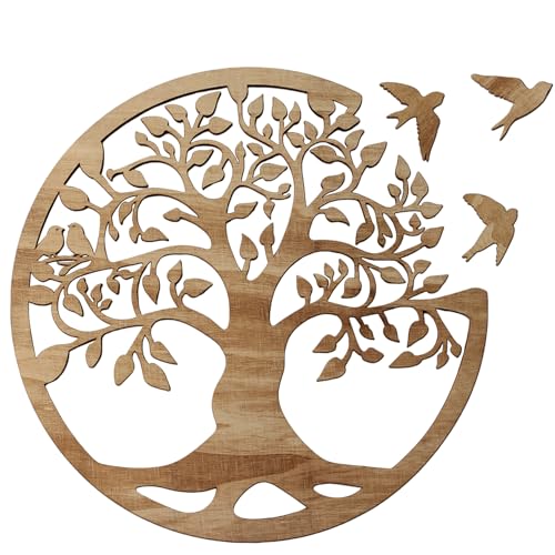 Tree of Life Wall Art Wooden Tree Life Wall Decor with Three Birds 12 Inch Round Family Tree Life Wall Hanging Plaque for Bedroom Living Room Kitchen Office Farmhouse Decor Indoor Outdoor (Round Tree of Life - Wood Color)